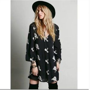 Free People Emma Black Boho Floral Embroidered Mini Dress Small Black and White